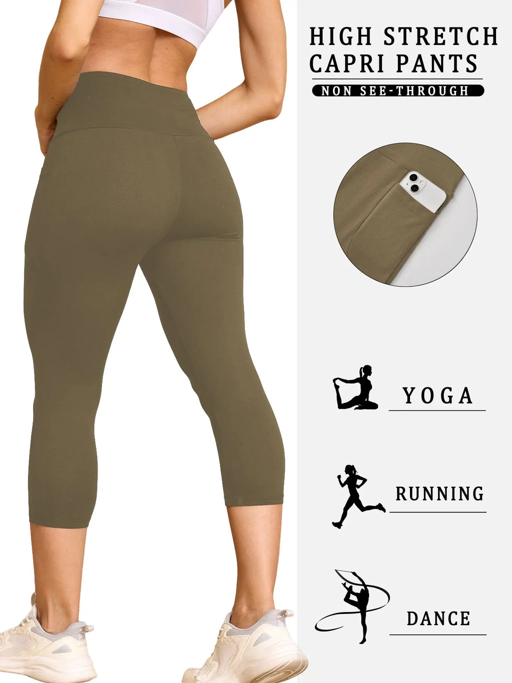 Super Soft Pants for Women High Waisted Capri with Pockets Tummy Control No See Through Running