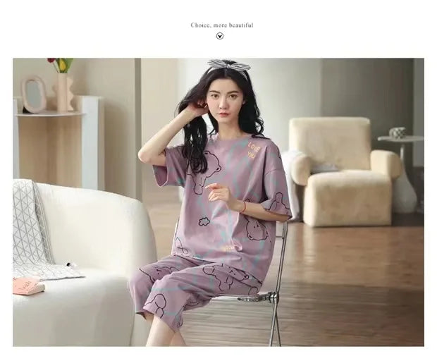 Summer New Ladies Pajamas Homewear Set of Short-Sleeved Pajamas Women's Summer Simple Korean Cartoon Loose Large Size Homewear