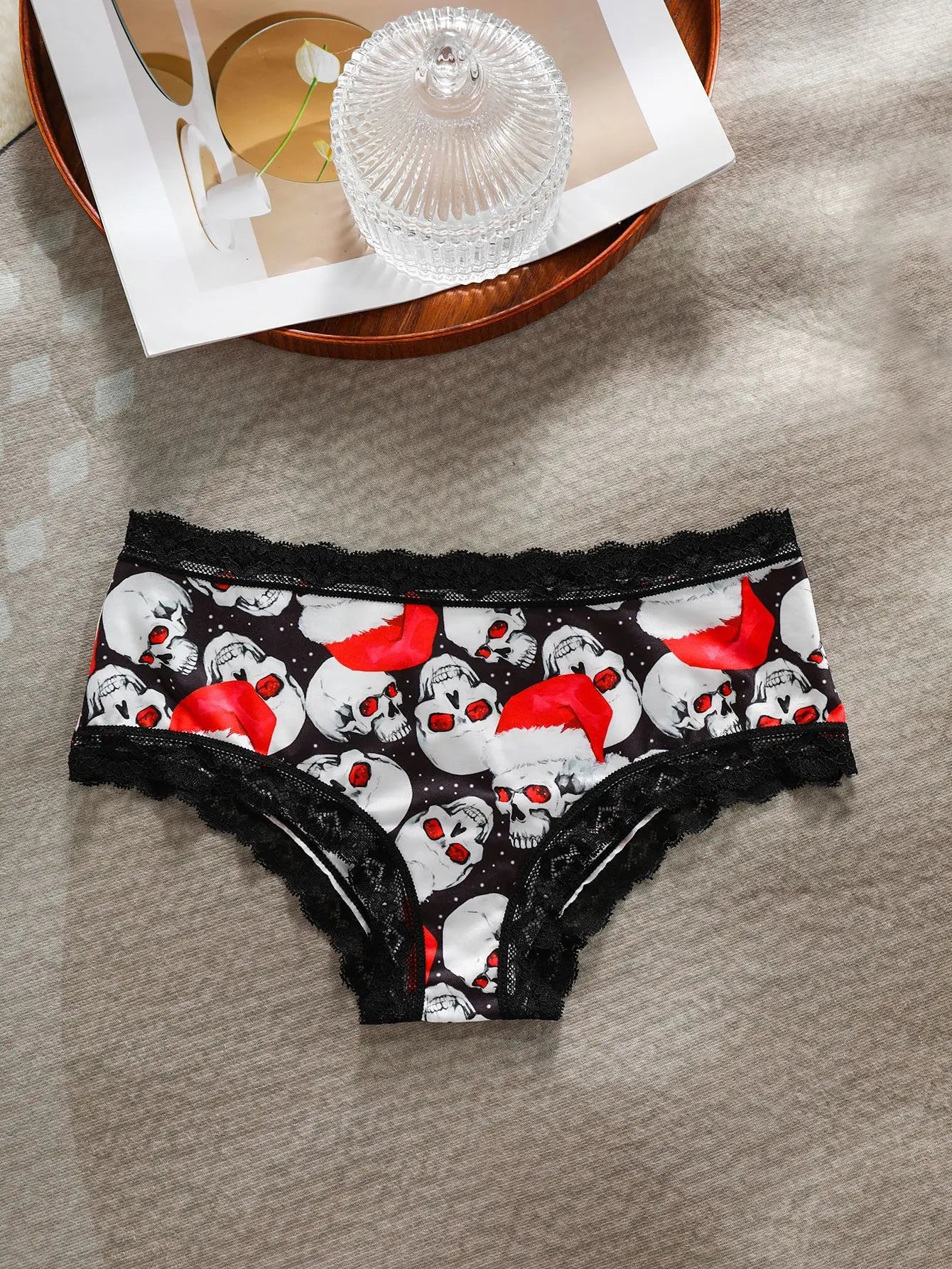 Halloween Skull star printed women's panties, lace patchwork mid-waist, ice silk, seamless and breathable