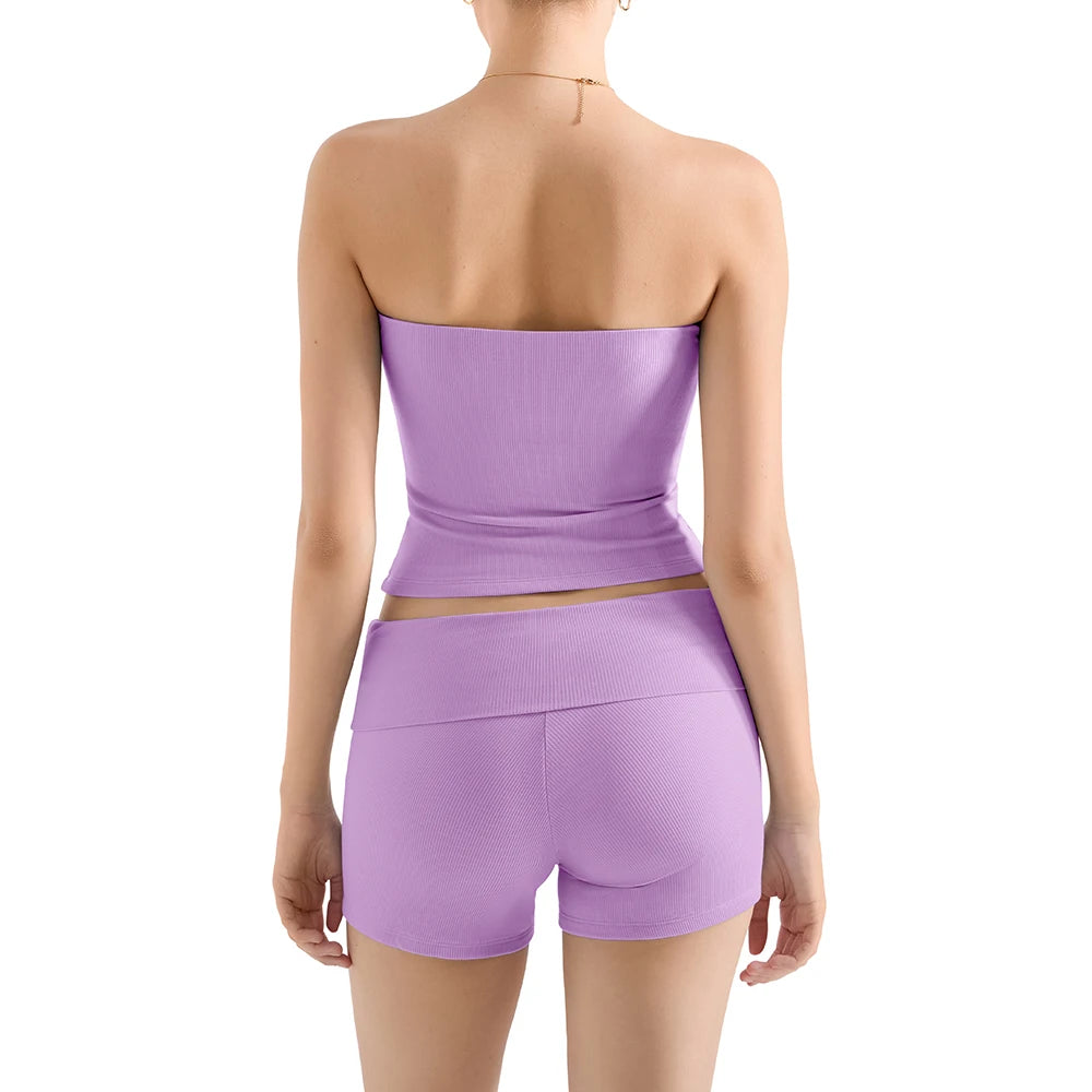 Women Y2K 2 Piece Modal Lounge Sets Double Lined Workout Sets Strapless Tube Top Low Waist Shorts Loungewear Suits Ladies