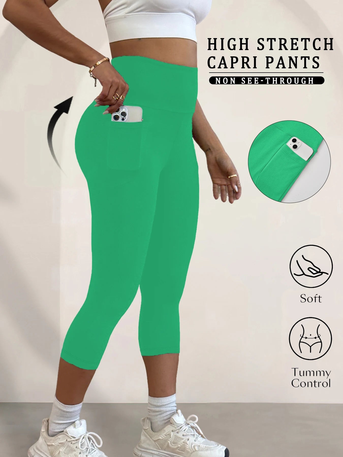 Super Soft Pants for Women High Waisted Capri with Pockets Tummy Control No See Through Running
