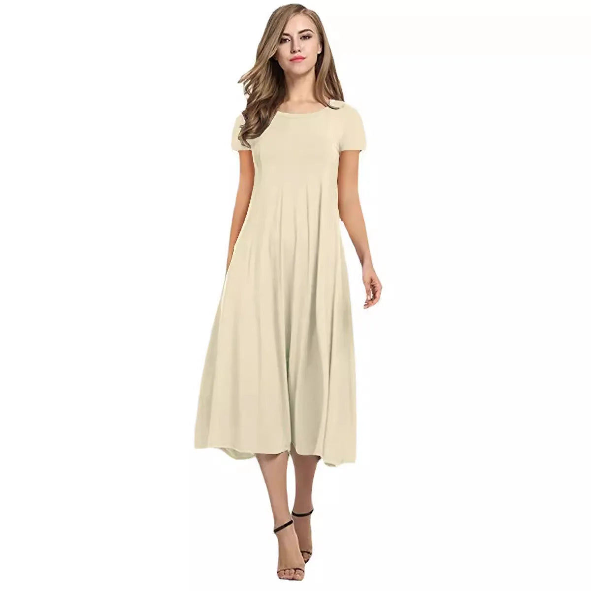 2024 Summer Women's Top Selling Round Neck Short Sleeve Solid Color Flare Dress