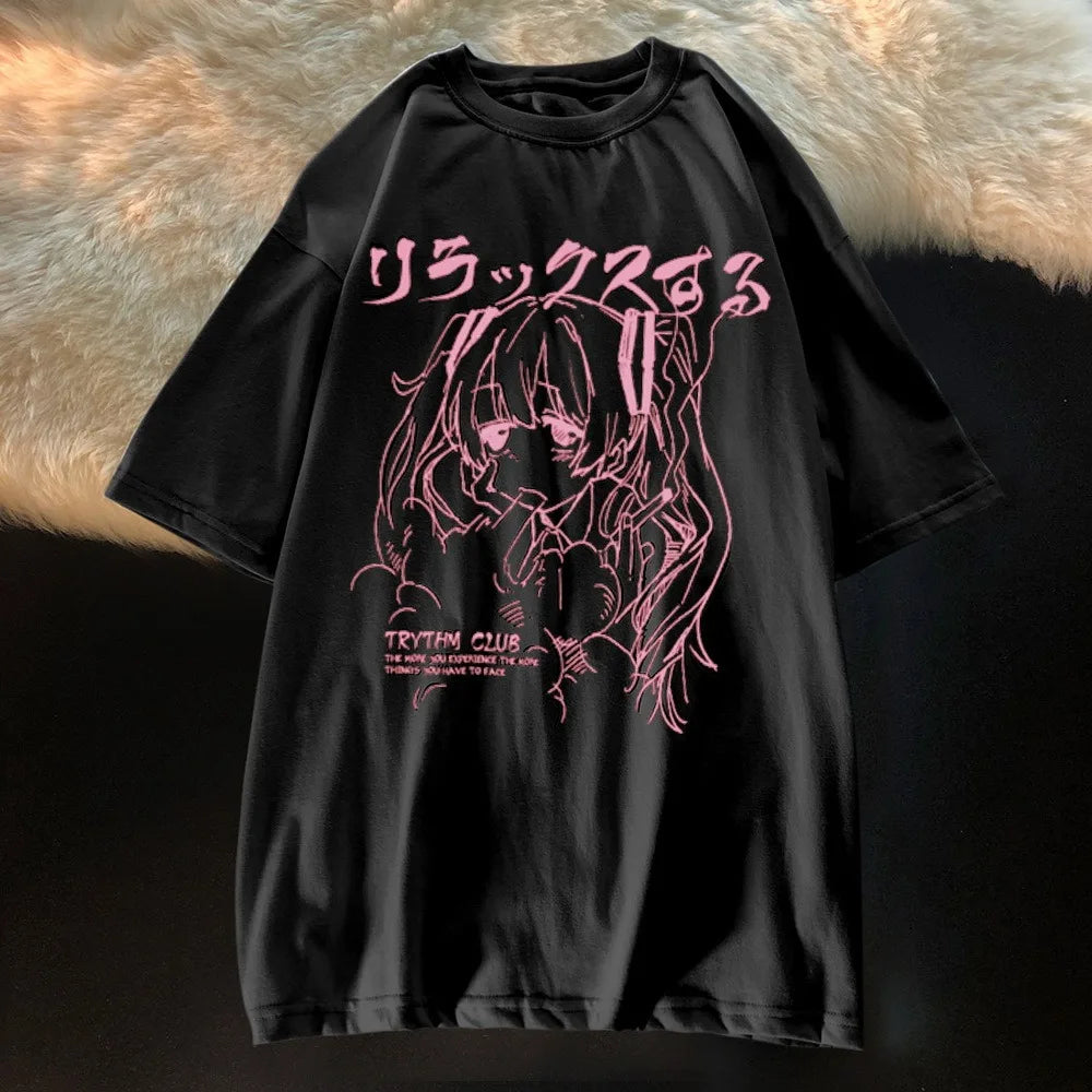 Women's Y2K Japanese Harajuku Graphic T-Shirt Kawaii Anime Print Oversized Grunge Top for Casual Wear Graphic T Shirts