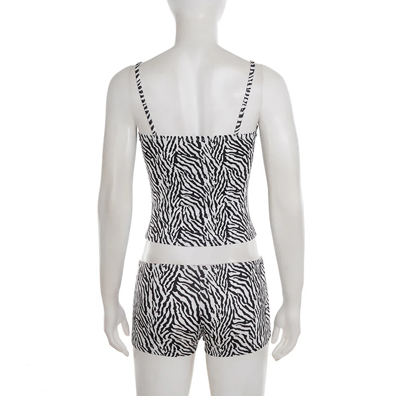 SUCHCUTE Y2k Zebra Print 2 Piece Set Chic U Neck Sleeveless Camis Top+Skinny Shorts Suits Backless Loungewear Women's HomeLounge