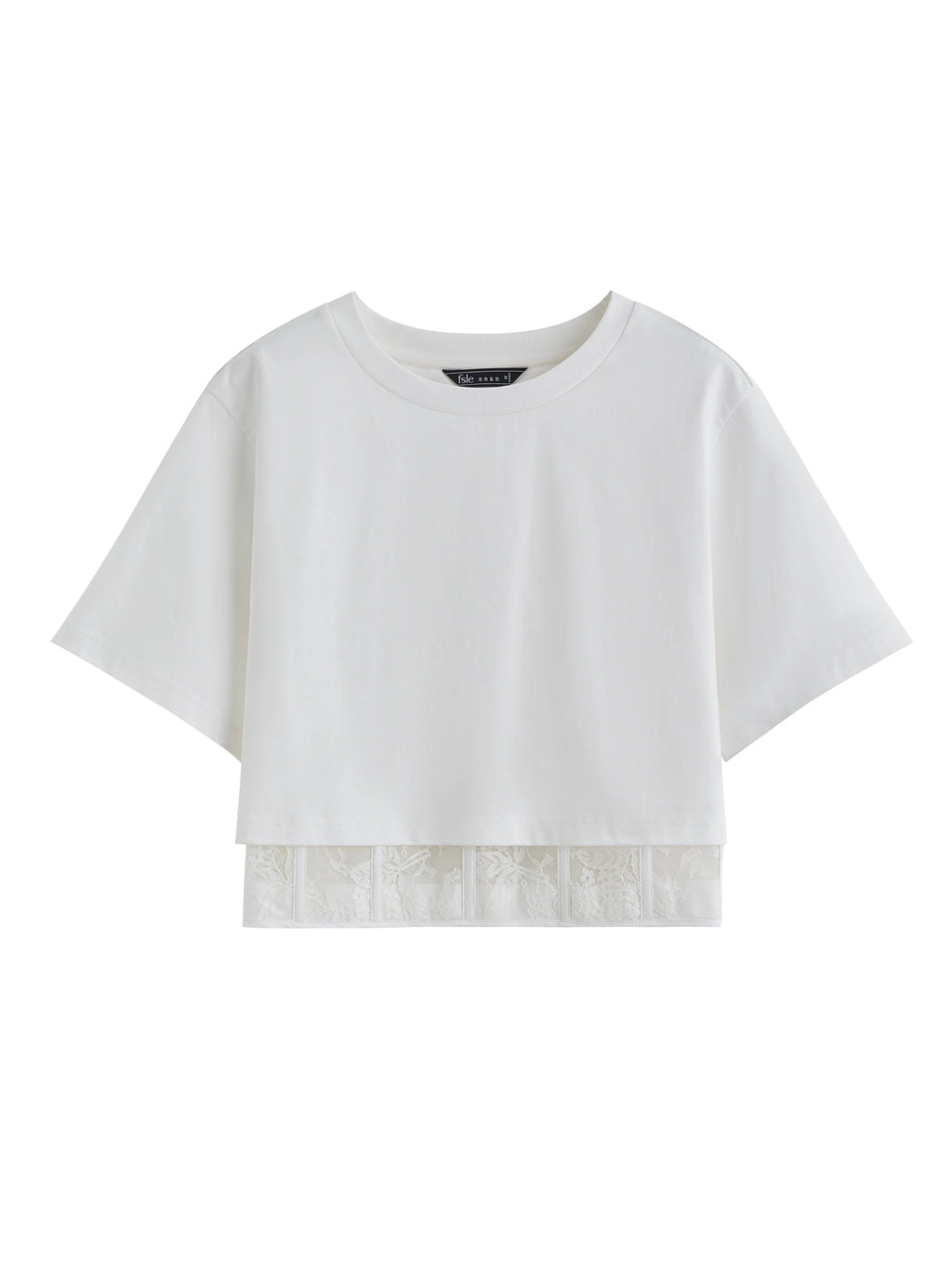 FSLE 【Premium Series】Waist-cropped Lace-spliced Fashion  T-shirt for Women Chic Blouse 2025 Summer New Arrival 25FE12023