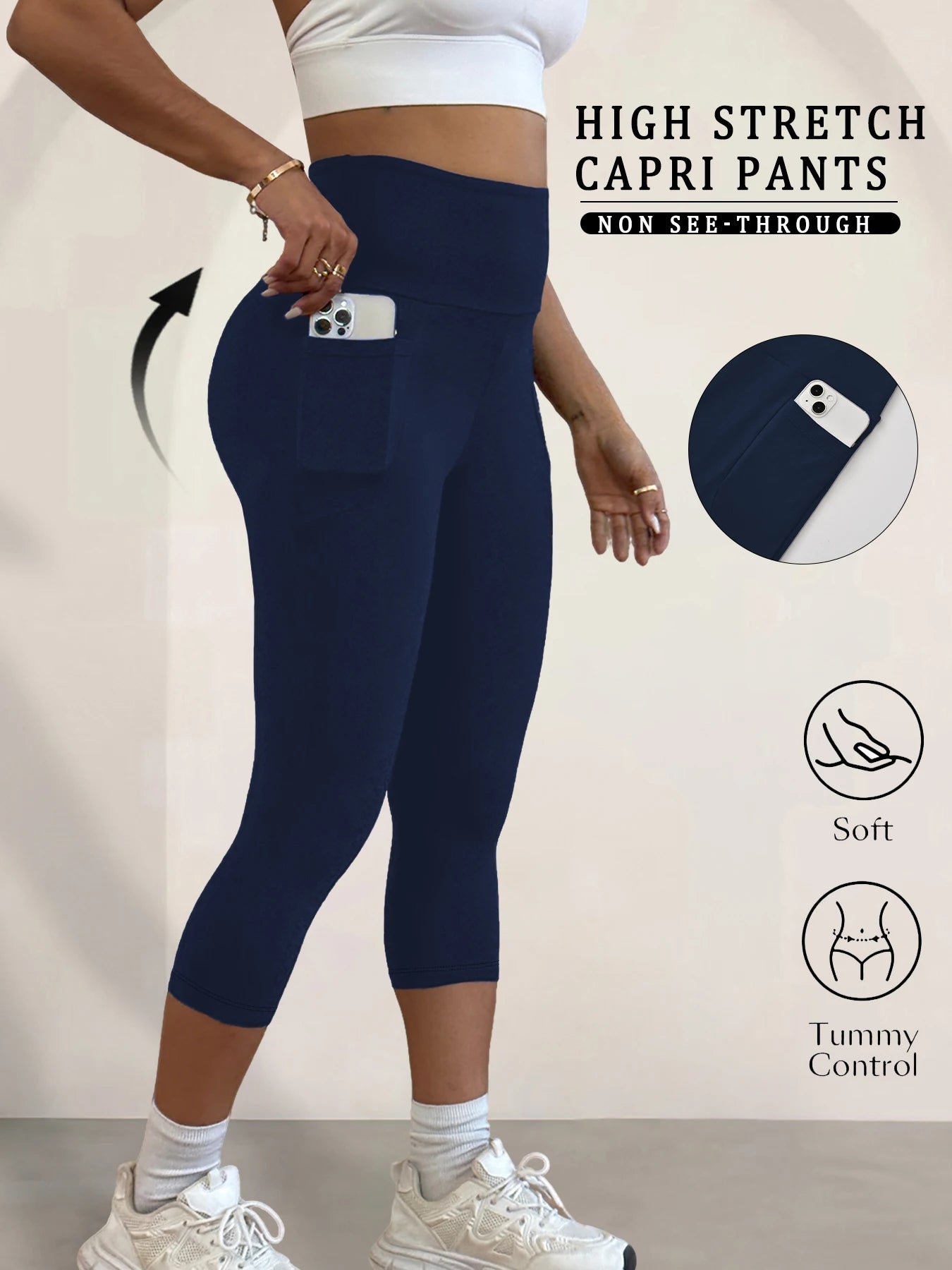 Super Soft Pants for Women High Waisted Capri with Pockets Tummy Control No See Through Running