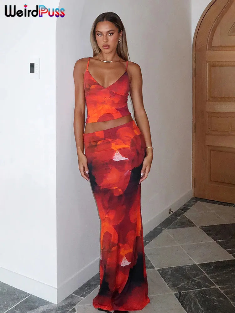 nibber Tie-Dye Print 2 Piece Set Women Summer Y2K Fashion Hipster Elegant V-Neck Camisole+Maxi Skirts Matching Streetwear outfit