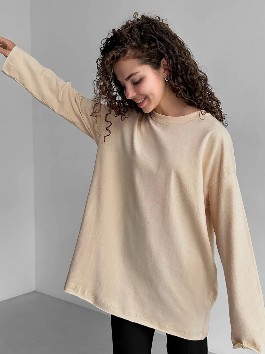 Blubelle Women Autumn 100% Cotton T-shirt Bottoming Spring Basic Fashionable Solid Lady Long Sleeve Loose Tops Shirts