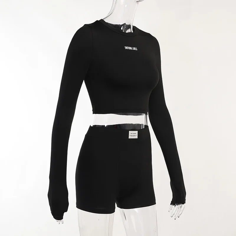 European and American Spring/Summer Round Neck Long Short sleeved 3/4 Shorts Two piece Women's Fashion Sports Versatile Set