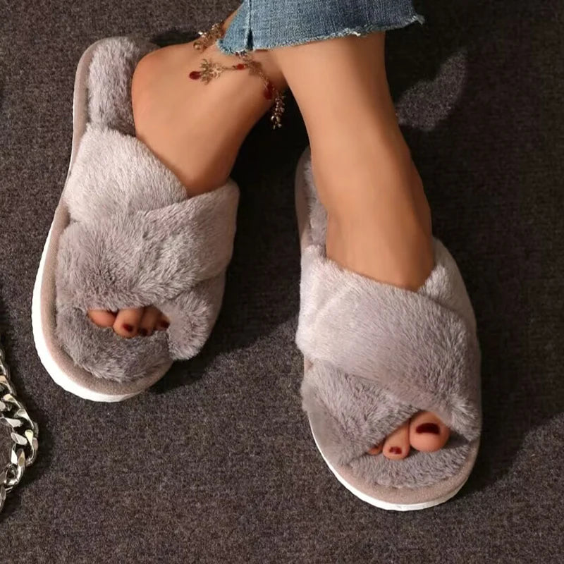 Autumn Winter Fluffy Fur Slippers Women Lightweight Cross Band Plush Slides Woman 2025 Open Toe Flats Fuzzy Home Slippers Female