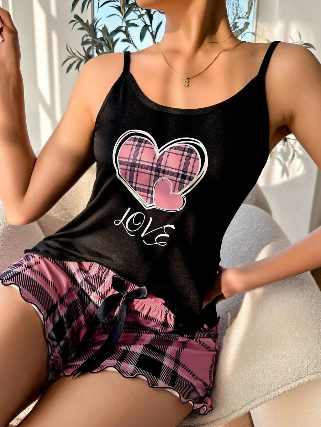 Sexy Nightwear Women's Suspenders Top Plaid Pants Fashion Sleepwear Homewear Two-Piece Set Ladies Pajamas Love Print Loungewear