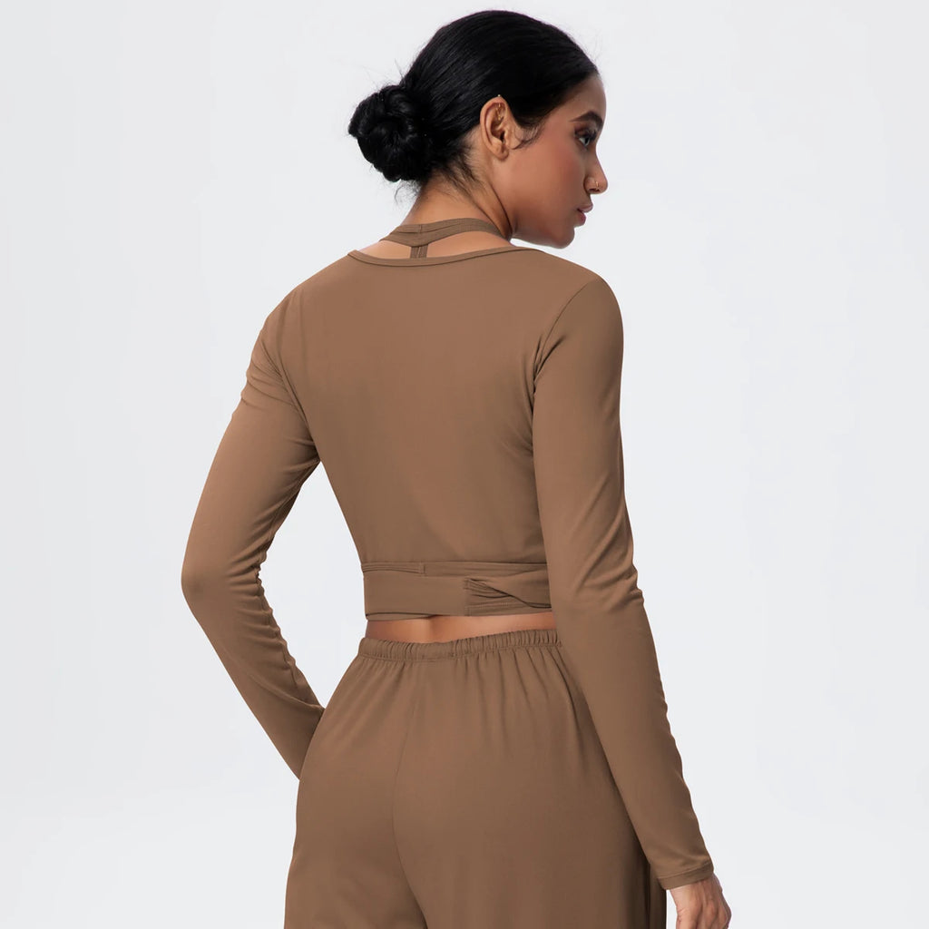 Women Slim Breathable Sports Top Women Active Wear Sports Yoga Long Sleeved Solid Color Running Shirts Straps Design Yoga Top
