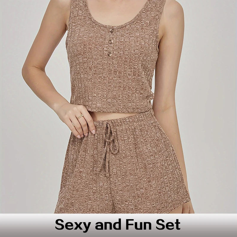 Summer Two-Piece Sleeveless Ribbed Knit Vest with Front Button Paired with Shorts Women's Khaki Color Home Pajama Set