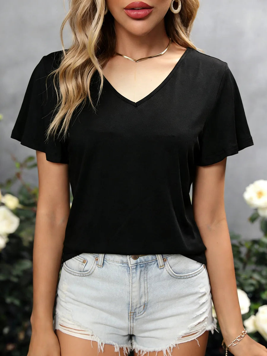 Women's Tee V Neck Short Sleeve Crisscross Back Twist Solid Relaxed Tops Sexy Tee Spring Summer Chic Tee Daily Lightweight Tops