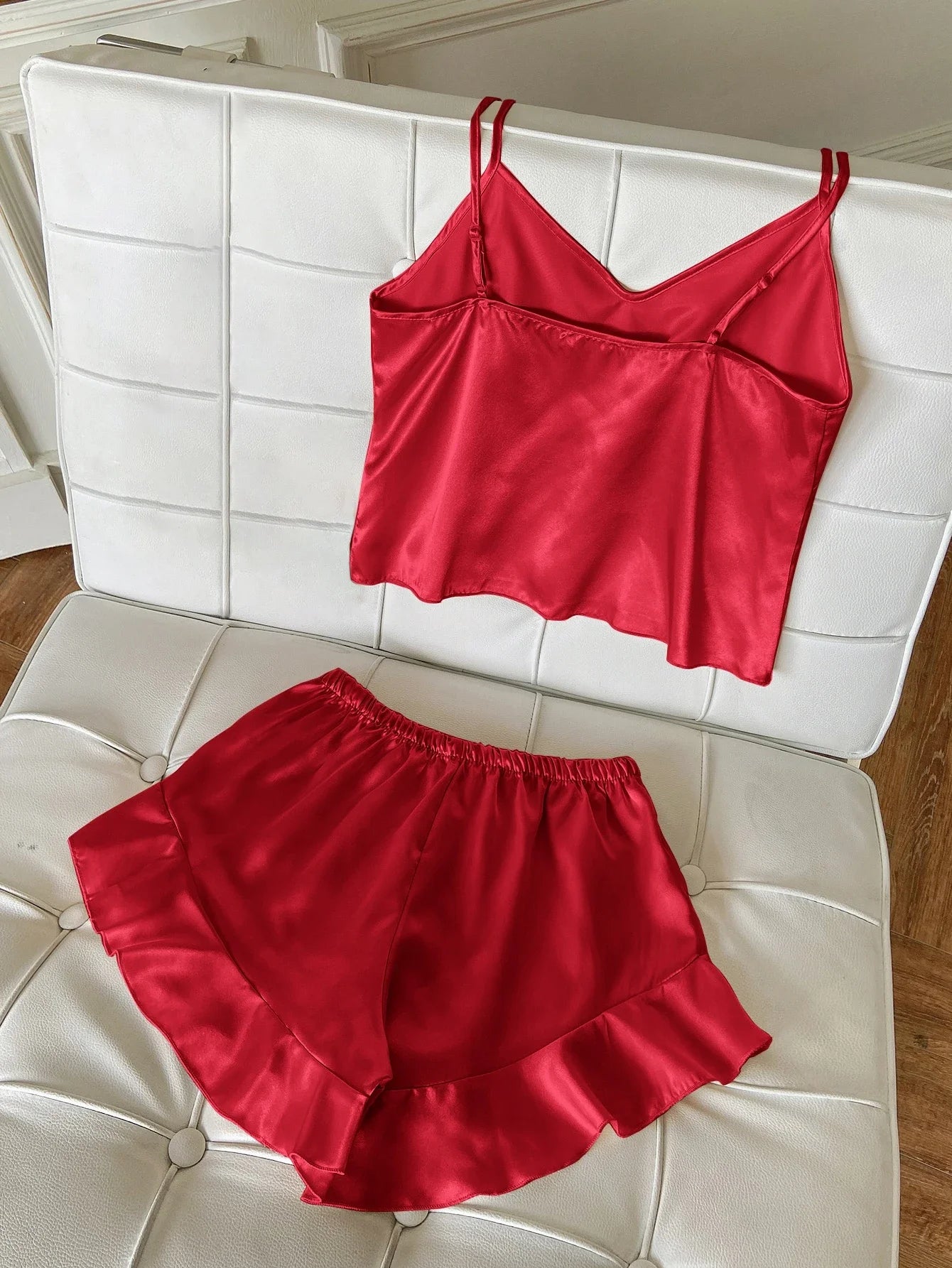 Solid Satin Pajama Set V Neck Cami Top Ruffle Shorts Women's Sleepwear Loungewear