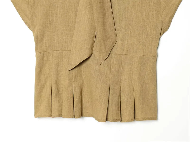 Women's Shirt 2026 Summer New Khaki Short Sleeve Bow Decorative Hollow-Out Dress Hem Shirt Casual Fashion Personality