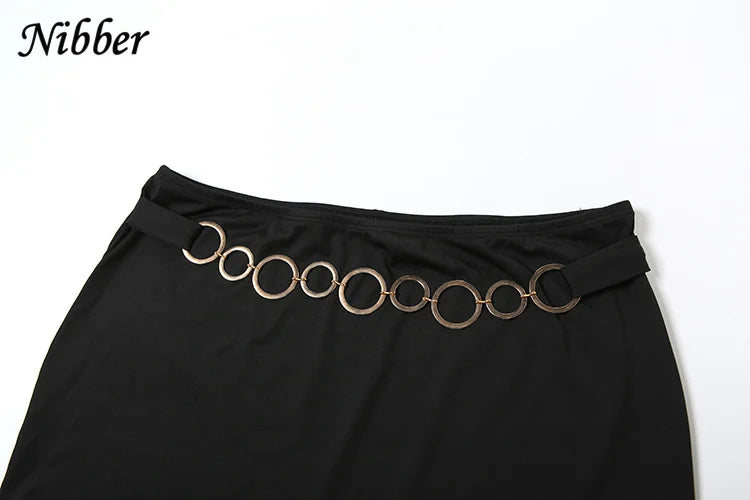 Nibber Metal Buckle 2 Piece Set Women Summer Halter Irregular Classic Tops+Skirts Skinny Solid Midnight Party Matching Suits
