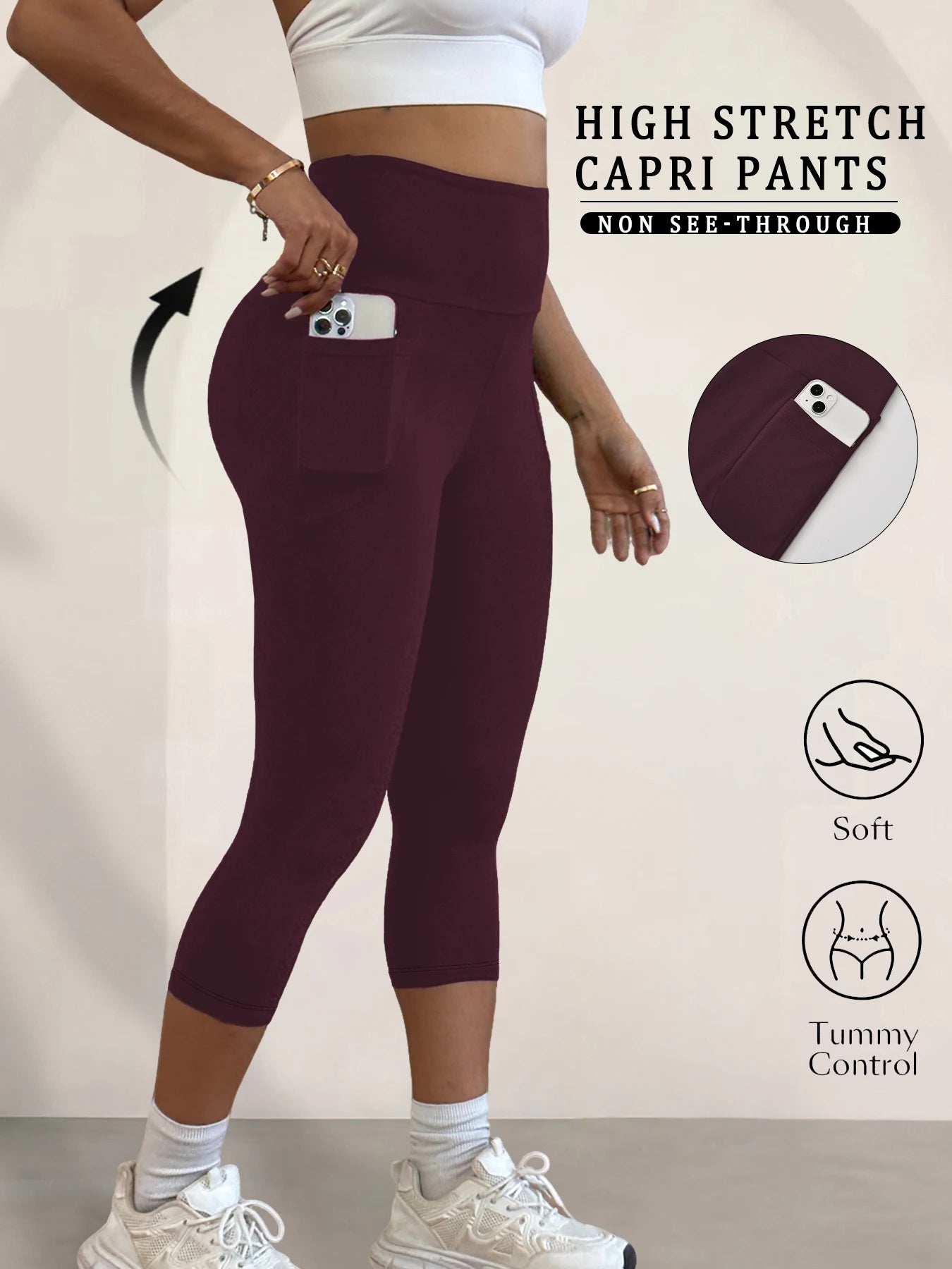 Super Soft Pants for Women High Waisted Capri with Pockets Tummy Control No See Through Running