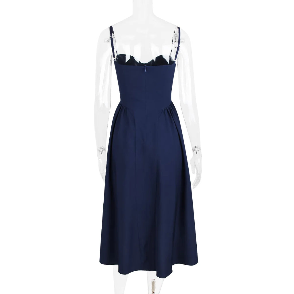 Summer Women Elegant Sleeveless Backless Pleated Dresses Lady Sexy Solid Sling Midi Dress 2024 Female Party Evening A-line Robes