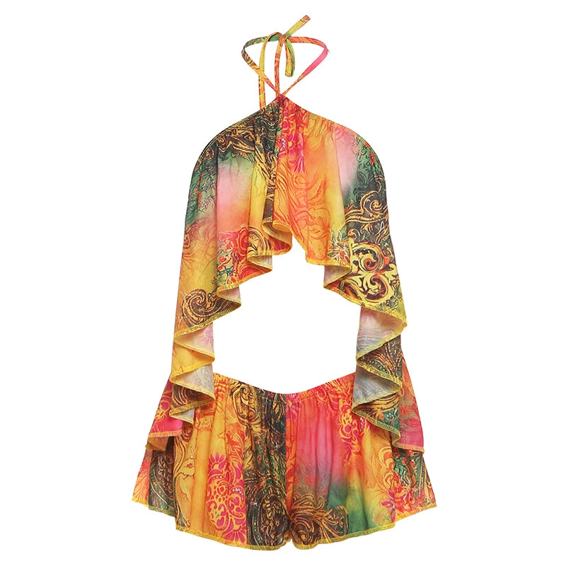 Kliou Colorful Print 2 Piece Set Woman Summer Trend Halter Backless Ruffles Camisole Tops+Elastic Waist Shorts Beach Style Suits