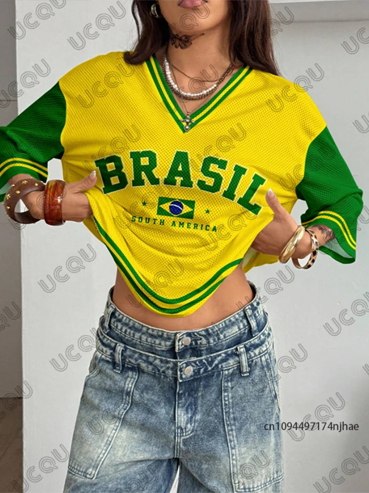 Summer New Brazil Print T Shirt For Women V-Neck Patchwork Short Sleeve Sports Football Jersey Y2K Loose Oversized Vintage Tops