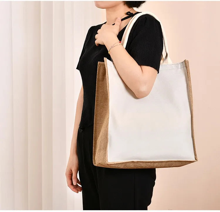 Retro single-shoulder linen bag for shopping as a gift. Yellow linen bag with printed pattern. Hand-held linen bag.
