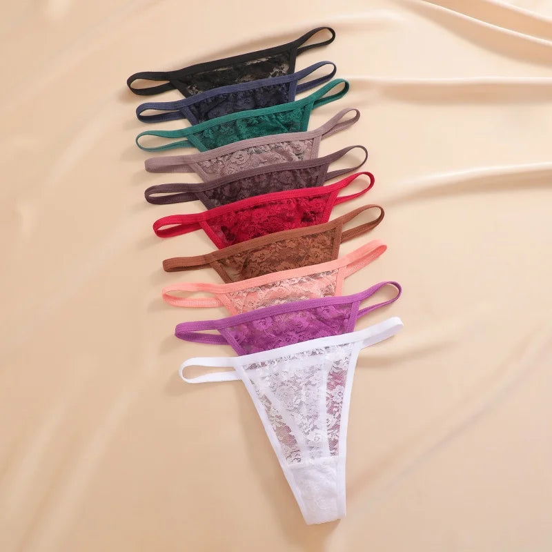 FINETOO 9Pcs Perspective T-Back Thongs Women Sexy Low Rise G-Strings Breathable Underpants Female Lace Floral Intimates Lingerie