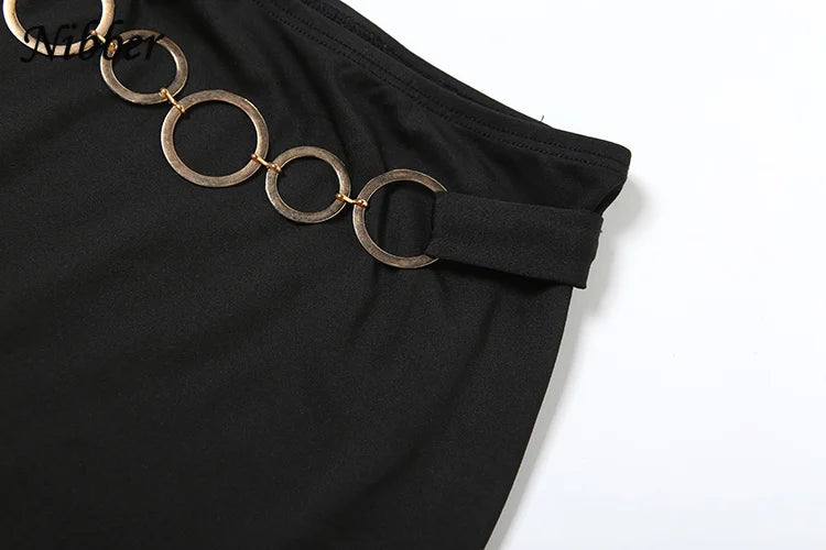 Nibber Metal Buckle 2 Piece Set Women Summer Halter Irregular Classic Tops+Skirts Skinny Solid Midnight Party Matching Suits