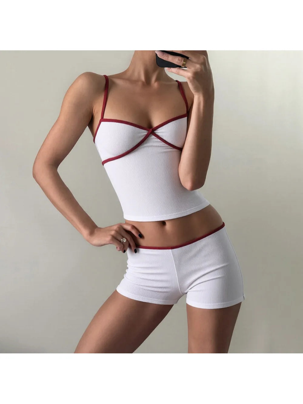 2026 new summer women's clothing pure desire spicy girl V-neck tank top contrasting color casual simple versatile shorts set Y2K