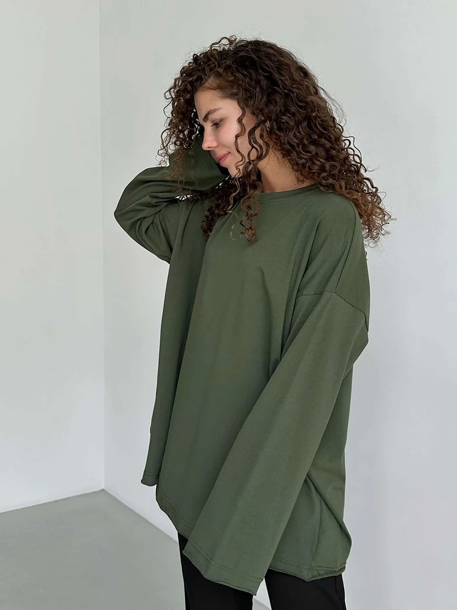 Blubelle Women Autumn 100% Cotton T-shirt Bottoming Spring Basic Fashionable Solid Lady Long Sleeve Loose Tops Shirts