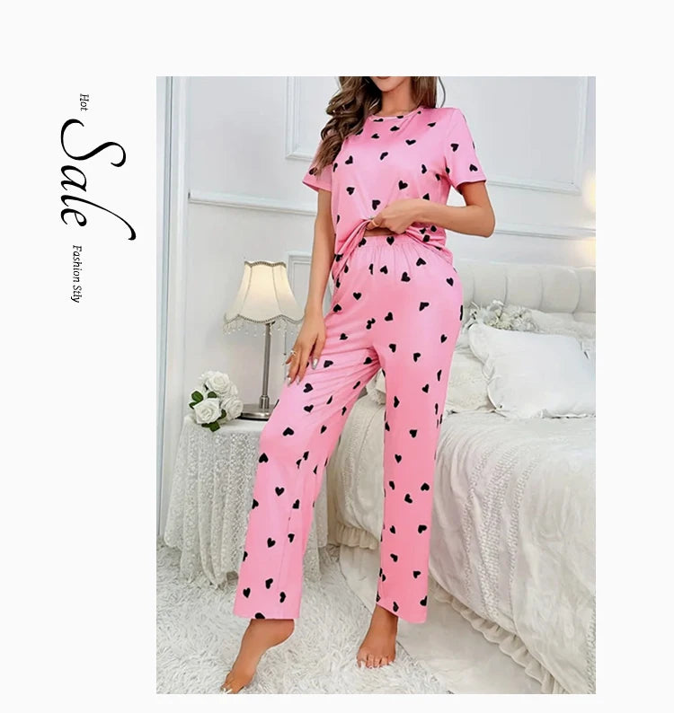 Women Summer Sleepwear Heart Print Pajama Set Short Sleeve Top and Elastic Waistband Pants for Comfortable Sleep and Lounging