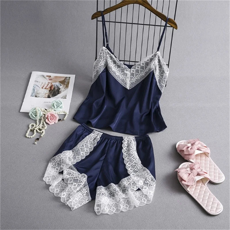 Sexy Lace Splicing Suspender Loose Shorts Two-Piece Pajama Set For Women