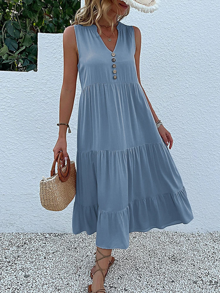 Casual Summer Midi Dress Women Sleeveless Tank V Neck Buttons Ruffle Loose Dresses Beach Soild Sundress Fashion