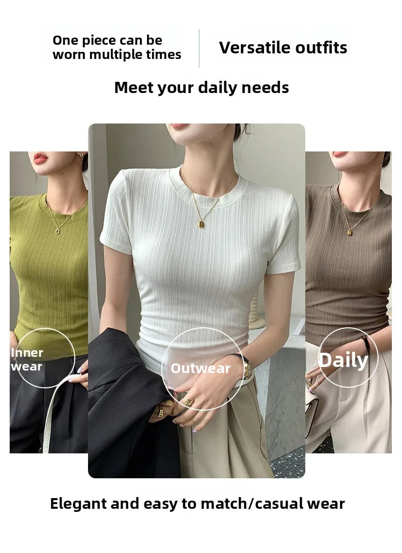 Summer New Women's Crewneck T-shirt Knitted Short-sleeved Top Casual All-match T-shirt Striped Base Shirt Slim-fit Breathable
