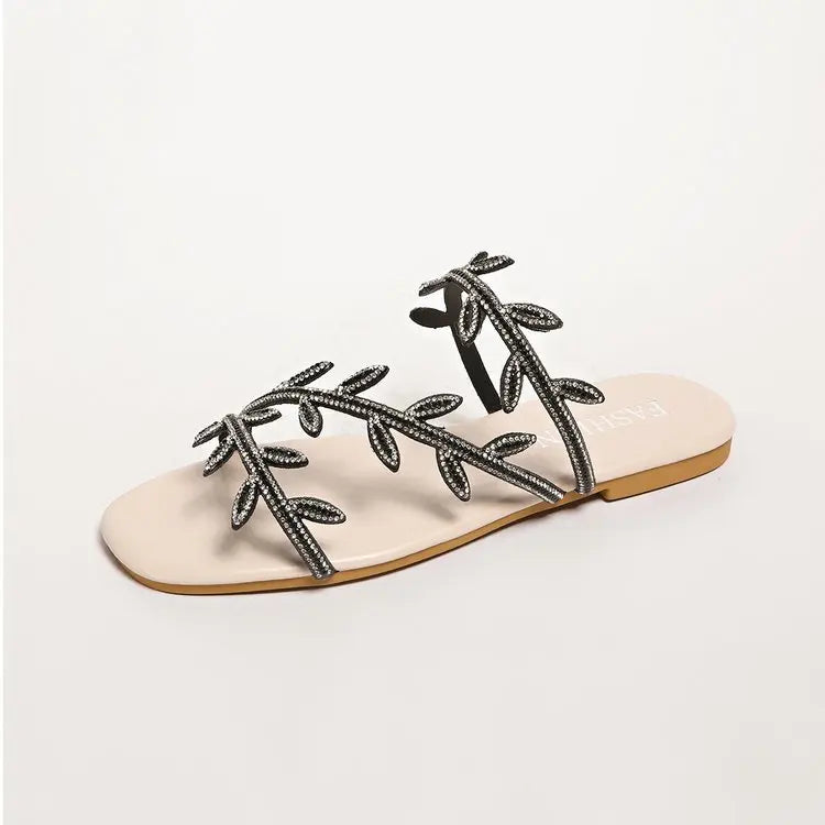Fashionable Rhinestone Flat Bottom Sandals Women's Summer New Comfortable Slip-On Beach Slippers PU Material Casual Slippers