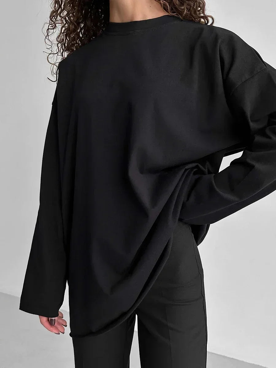 Blubelle Women Autumn 100% Cotton T-shirt Bottoming Spring Basic Fashionable Solid Lady Long Sleeve Loose Tops Shirts