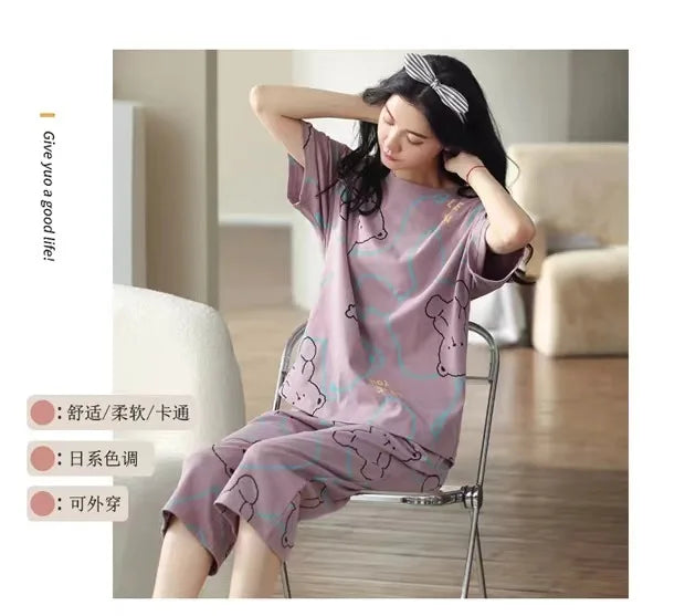 Summer New Ladies Pajamas Homewear Set of Short-Sleeved Pajamas Women's Summer Simple Korean Cartoon Loose Large Size Homewear