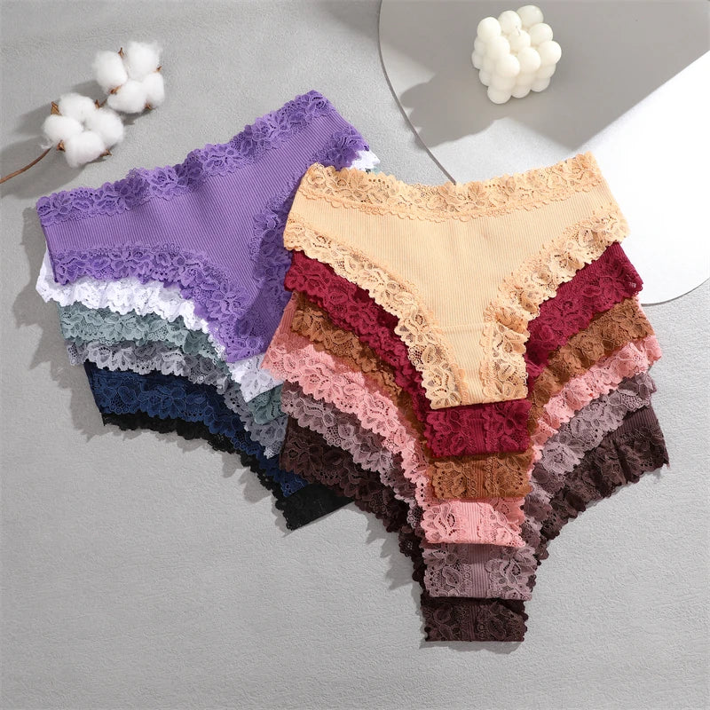 4PCS/Set Cotton Floral Lace Underpants for Women Sexy Striped Low-Waist Panties Girls Comfortable Briefs Trendy T-back Lingerie